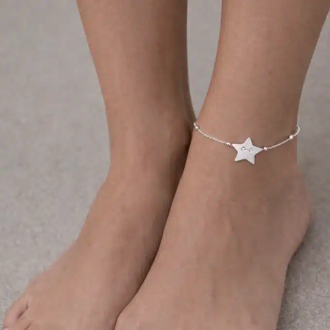 N8565c Chaine De Cheville Etoile Argent 925 Et Chainette Satellite Made In France - Bijoux de pieds femmes en ligne Ninanina