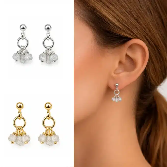N8570f Boucles d'Oreilles Diamant Femme Artisanales - Diamants Blancs Bruts Véritables Et Argent 925 - Bijoux d'oreille en ligne pierre précieuse en ligne Ninanina