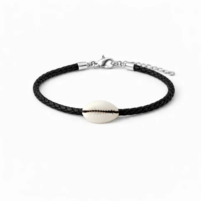N8402D Bracelet de cheville homme cuir tressé artisanal avec coquillage cauri blanc - Bijoux de pieds en ligne Ninanina