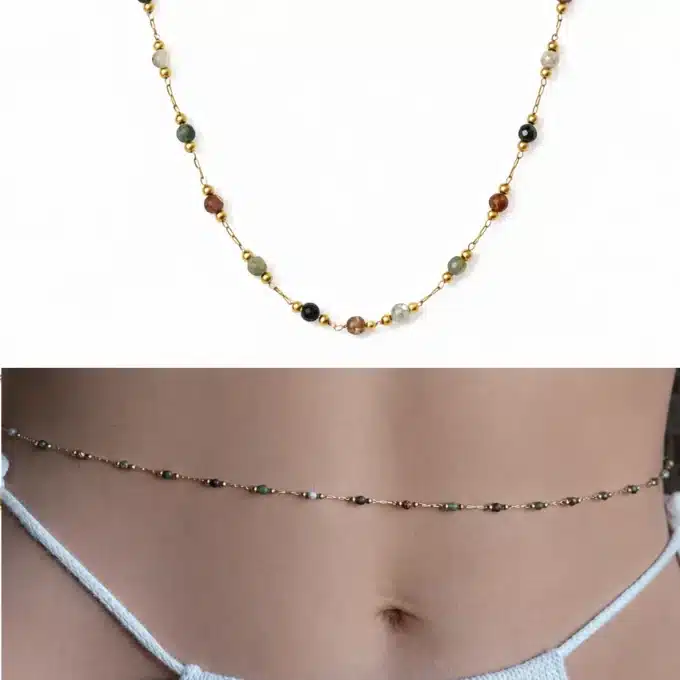 N8520 Waist Chain - Chaîne De Taille Pierres naturelles colorées Et Acier Doré Made In France - Bijoux corps en ligne Ninanina