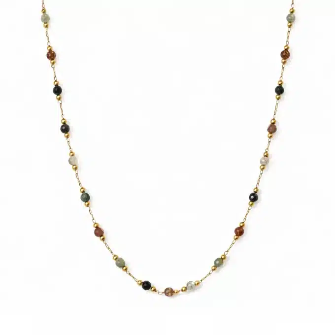 N8525a Sautoir Coloré Artisanal en Pierres Naturelles Multicolores et Acier Doré – Collier Long Bohème Chic Femme - Bijoux Colliers en ligne Ninanina