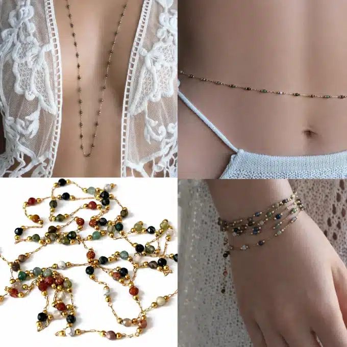 N8525b Sautoir Coloré Artisanal en Pierres Naturelles Multicolores et Acier Doré – Collier Long Bohème Chic Femme - Bijoux Colliers en ligne Ninanina