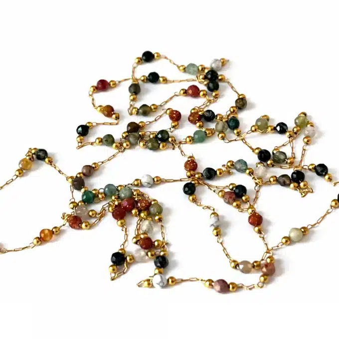 N8525c Sautoir Coloré Artisanal en Pierres Naturelles Multicolores et Acier Doré – Collier Long Bohème Chic Femme - Bijoux Colliers en ligne Ninanina