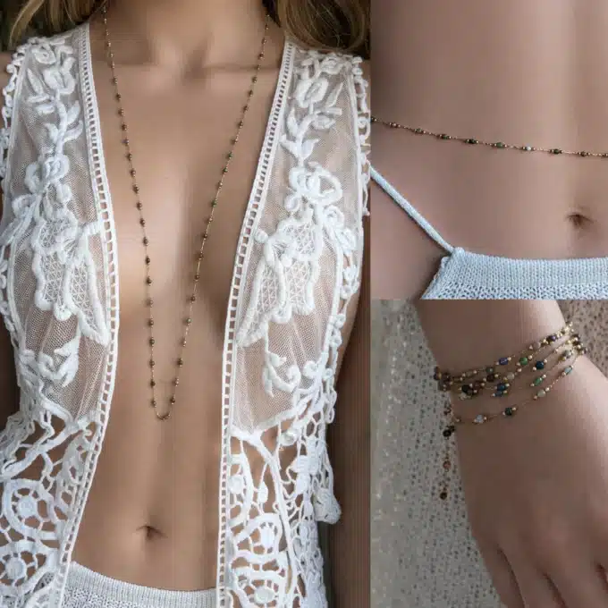 N8525d Sautoir Coloré Artisanal en Pierres Naturelles Multicolores et Acier Doré – Collier Long Bohème Chic Femme