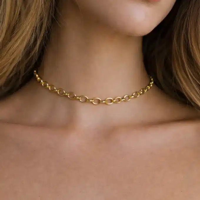 N8597 Collier Ras De Cou Femme Or Artisanal - Maille Ovale Moderne En Acier Doré - Bijoux colliers courts en ligne Ninanina