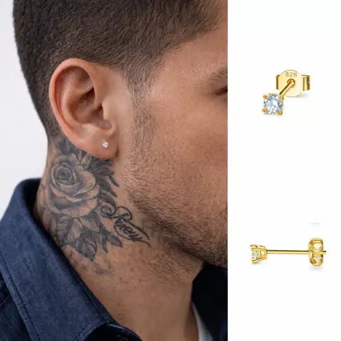 N8606 Puce D'Oreille Diamant Zirconium - Boucle Clou Homme Argent 925 Plaqué Or - Bijoux Boucles d'oreilles en ligne Ninanina