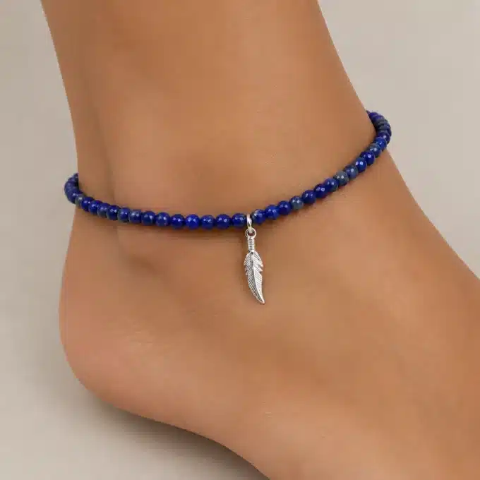 N4796 Bracelet de cheville lapis lazuli naturel plume Argent 925 - Bijoux de pieds femmes en ligne Ninanina