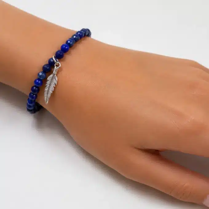 N4797b Bracelet Lapis Lazuli femme plume Argent 925 massif - Bijoux bracelets femmes en ligne Ninanina