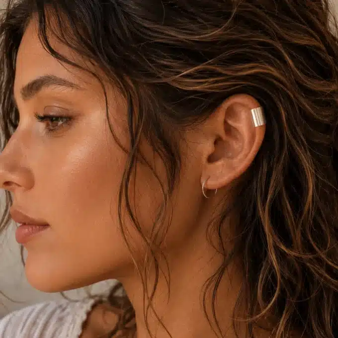 N8635a Ear Cuff Long pour oreilles non percées en Acier inoxydable argenté - Bijoux d'oreille en ligne Ninanina