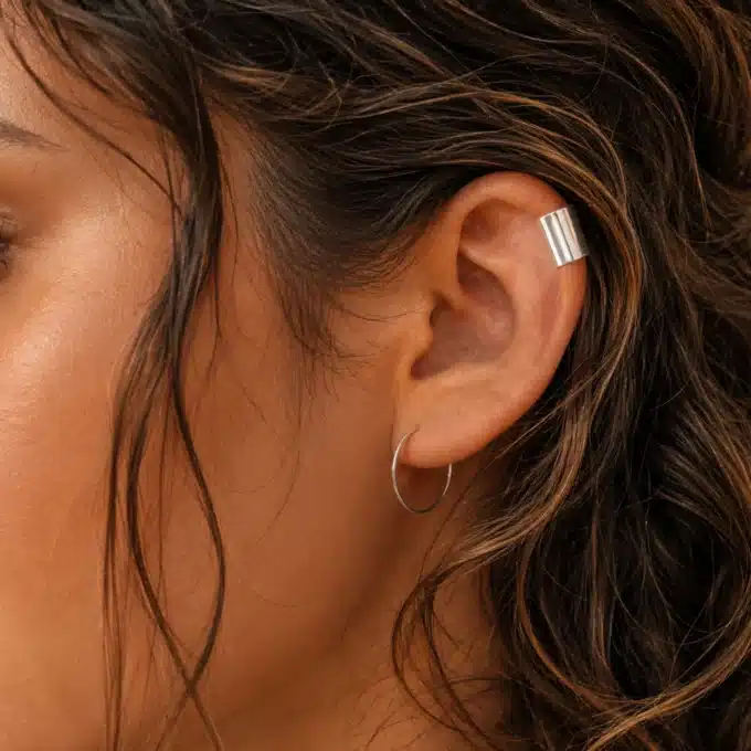 N8635b Ear Cuff Long pour oreilles non percées en Acier inoxydable argenté - Bijoux d'oreille en ligne Ninanina