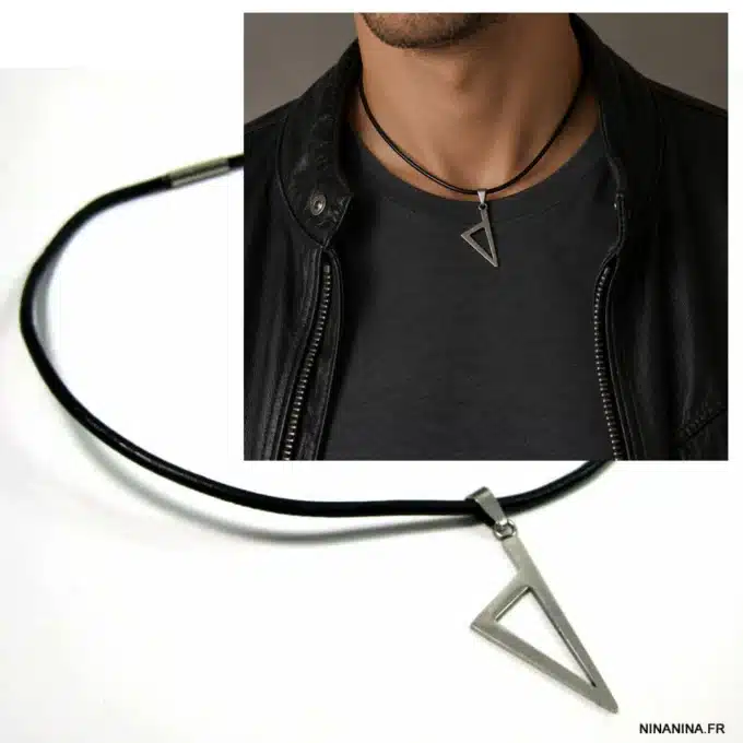 N4396 Collier Pendentif Corse Triangle Homme Acier cordon cuir - Bijoux colliers hommes en ligne Ninanina