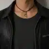 N4396b Collier Pendentif Corse Triangle Homme Acier cordon cuir - Bijoux colliers hommes en ligne Ninanina