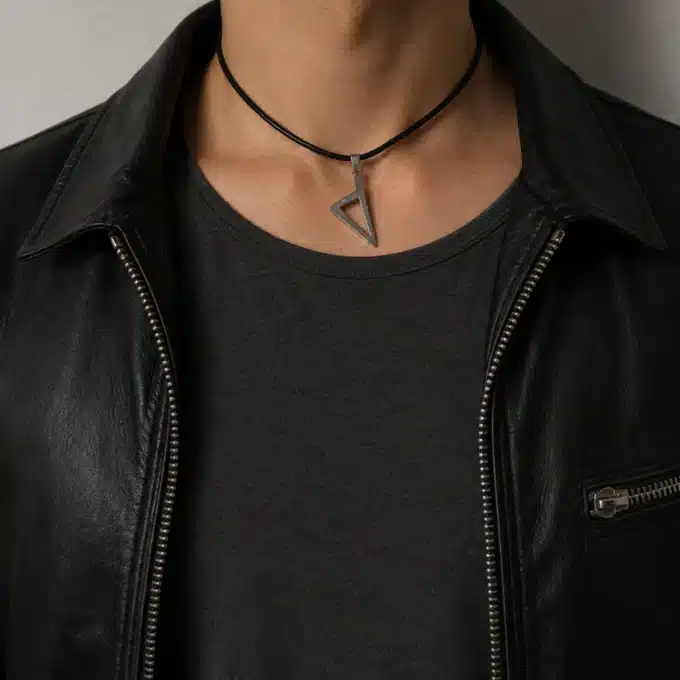 N4396b Collier Pendentif Corse Triangle Homme Acier cordon cuir - Bijoux colliers hommes en ligne Ninanina