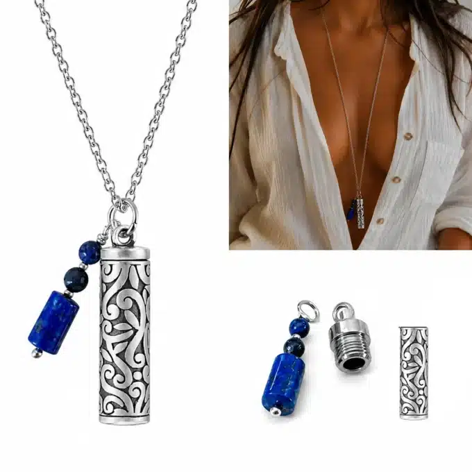 N8645c Pendentif cendres acier inoxydable pour collier funéraire lapis lazuli - Bijoux Colliers funéraires en ligne Ninanina