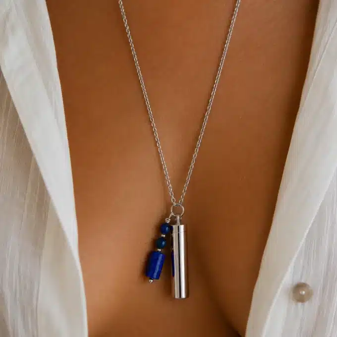 N8645e Pendentif cendres acier inoxydable pour collier funéraire lapis lazuli - Bijoux Colliers funéraires en ligne Ninanina