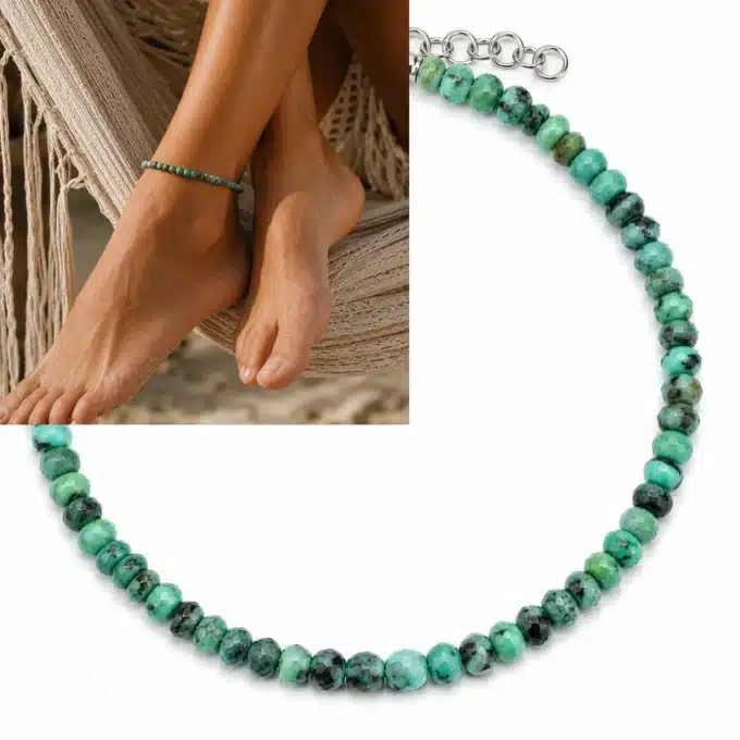 N8649d Bracelet de cheville femme pierre jaspe facettée bleu turquoise et argent - Bijoux de pieds femmes en ligne Ninanina