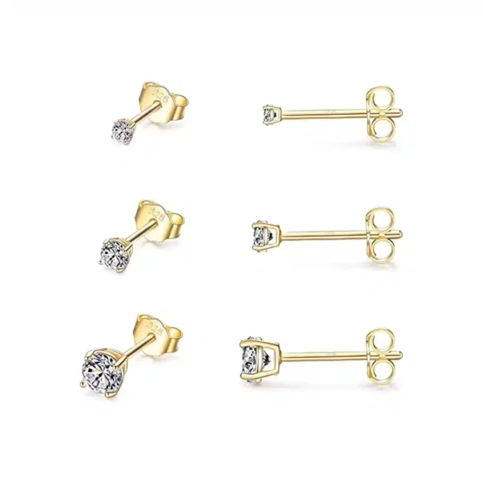 N8607b Trio boucles d'oreilles homme diamant zirconium – Clous argent 925 doré - Bijoux d'oreille en ligne Ninanina