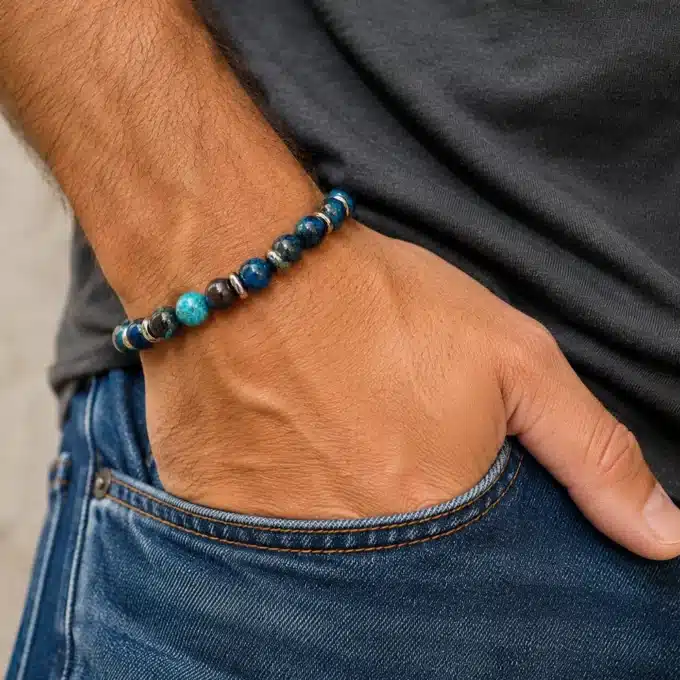 N8654b Bracelet Homme Bleu Pierre Jaspe Et Rondelles Acier Argenté - Bijoux bracelets hommes en ligne Ninanina