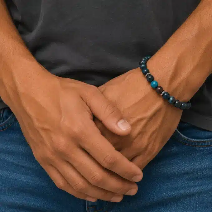 N8654d Bracelet Homme Bleu Pierre Jaspe Et Rondelles Acier Argenté - Bijoux bracelets hommes en ligne Ninanina