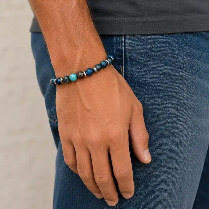 N8654e Bracelet Homme Bleu Pierre Jaspe Et Rondelles Acier Argenté - Bijoux bracelets hommes en ligne Ninanina