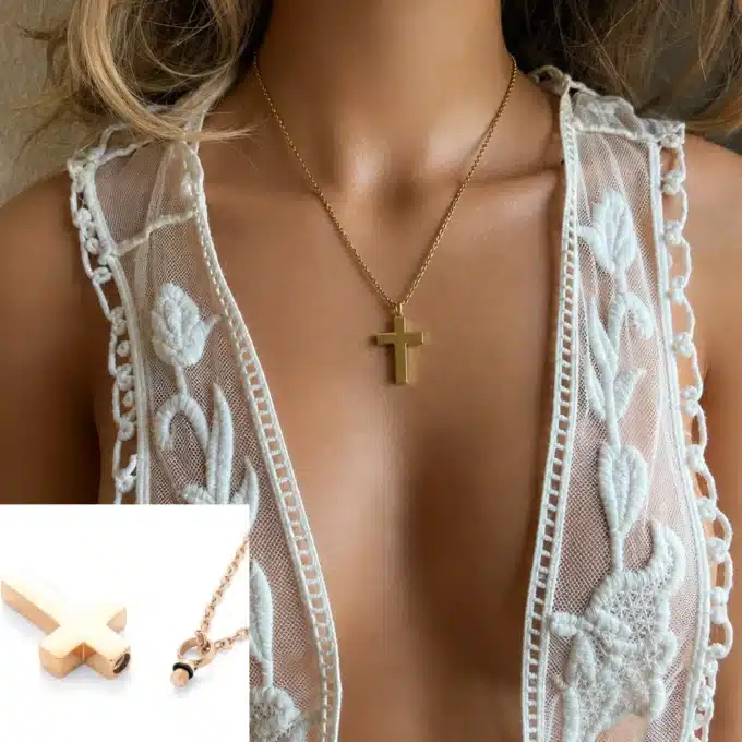 N8657 Pendentif urne funéraire Acier Doré en Forme de Croix - Collier femme - Bijoux colliers funéraires en ligne Ninanina