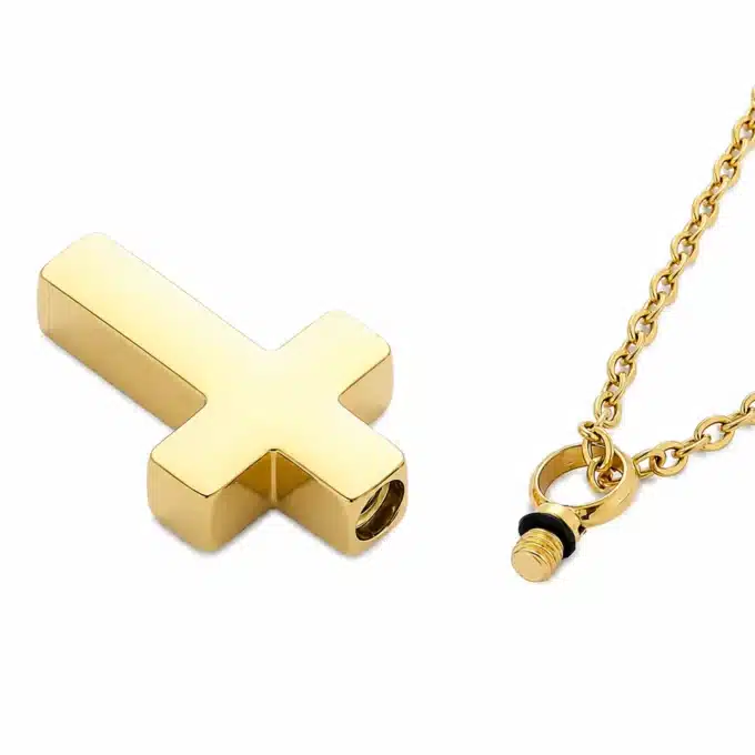 N8657a Pendentif urne funéraire Acier Doré en Forme de Croix - Collier femme - Bijoux colliers funéraires en ligne Ninanina