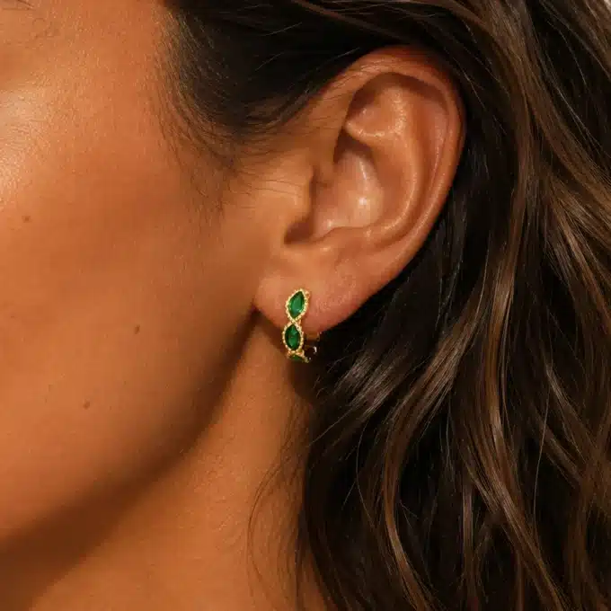 N8661c Boucles D Oreilles Pierre Verte - Créoles Zirconium Et Laiton Doré - Bijoux d'oreilles femmes en ligne Ninanina