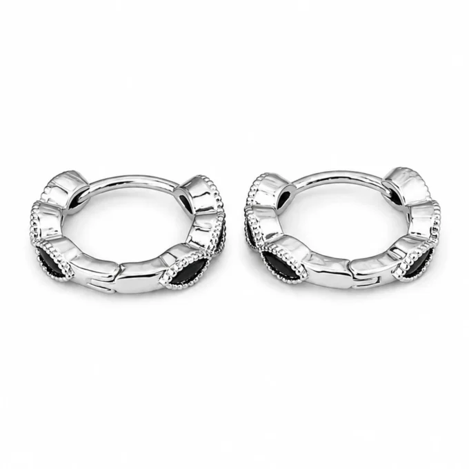 N8662b Creoles Noires Femme - Boucles d'Oreilles Zirconium Et Laiton Argenté - Bijoux d'oreille femmes en ligne Ninanina