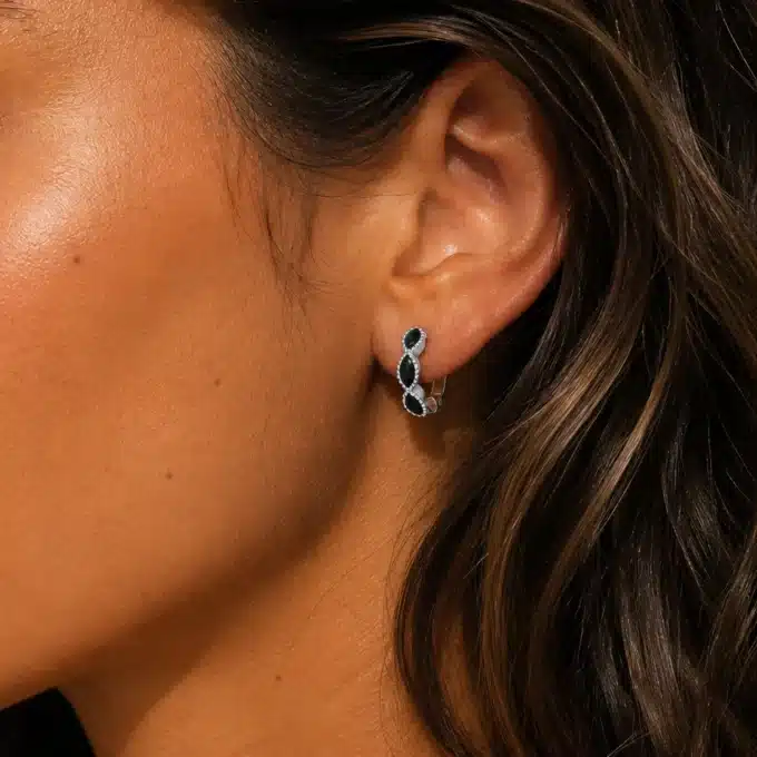 N8662e Creoles Noires Femme - Boucles d'Oreilles Zirconium Et Laiton Argenté - Bijoux d'oreille femmes en ligne Ninanina