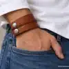 N2328b Manchette cuir originale marron clair - Bracelet de force - Bijoux bracelets hommes en ligne Ninanina