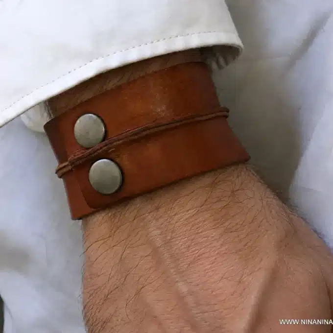 N2328c Manchette cuir originale marron clair - Bracelet de force - Bijoux bracelets hommes en ligne Ninanina