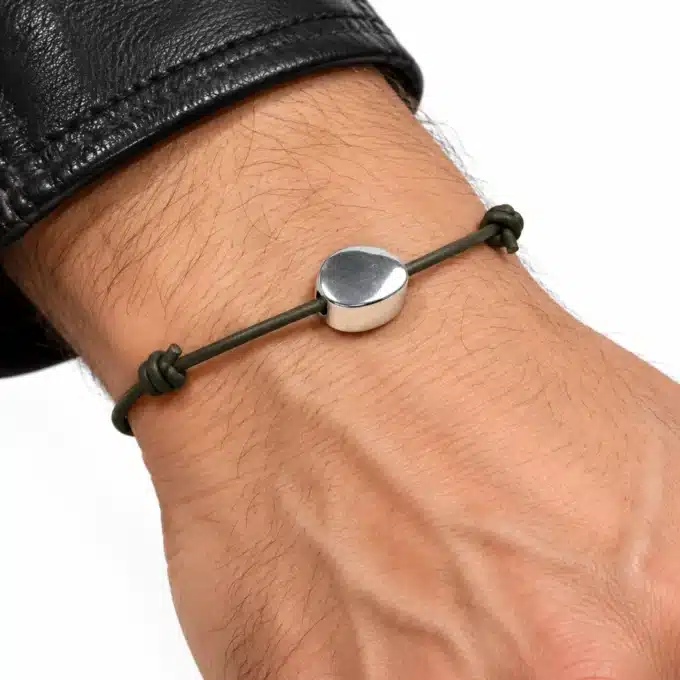 N3585a Bracelet homme palet rond Argent cordon cuir réglable - Bijoux bracelets hommes en ligne Ninanina